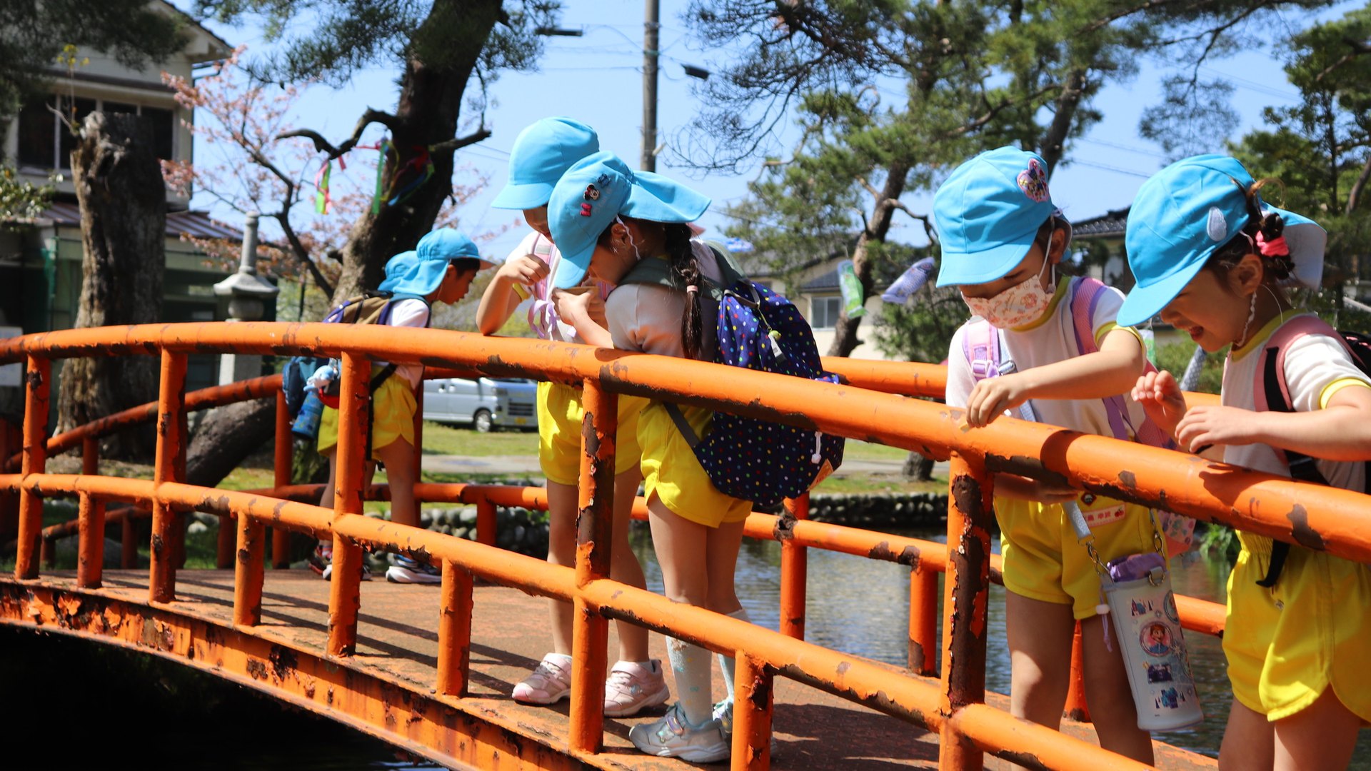 町歩き遠足で橋の上から川をのぞく子どもたち